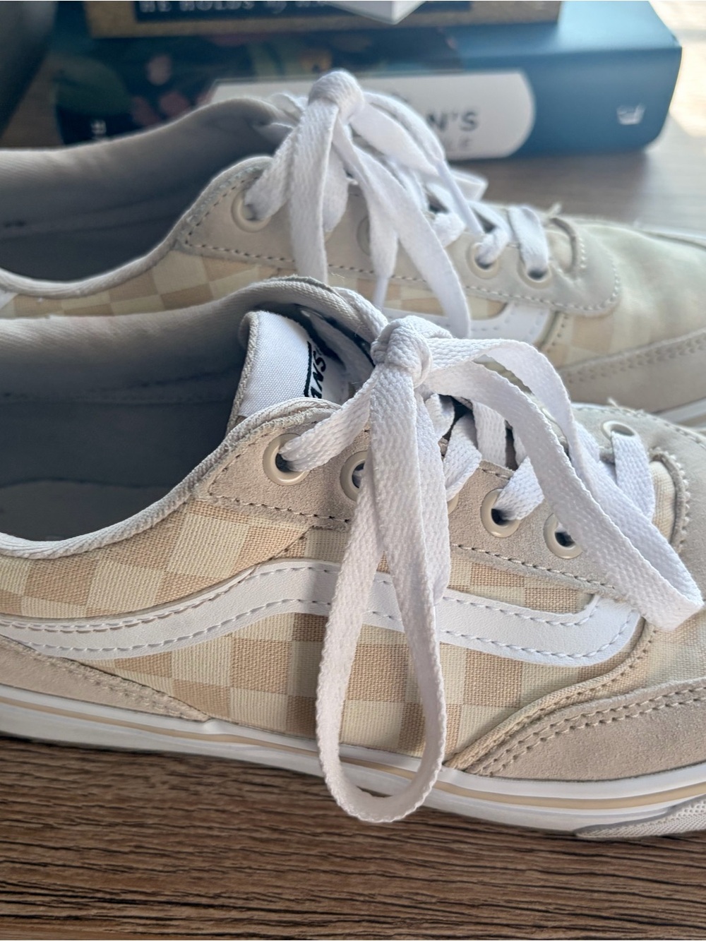 Vans Kids Beige Checkered Low-Top Sneakers with White Stripe